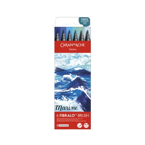 Caran d'Ache Marine Fibralo Brush Pens 6 Pack – Water Soluble Fibre-Tipped Brush Pens in Cardboard Box