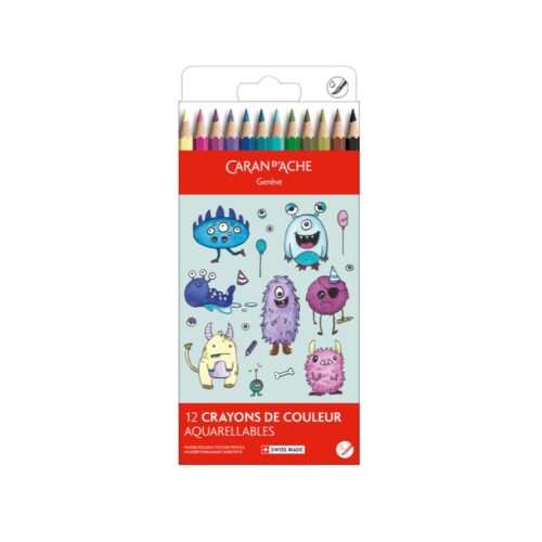 Caran d'Ache Kawaii Monsters Swisscolor Aquarelle Colour Pencils 12 Pack – Water Soluble Colouring Pencils in Cute Cardboard Box