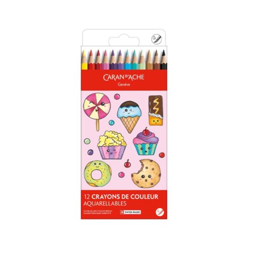 Caran d'Ache Kawaii Candy World Swisscolor Aquarelle Colour Pencils 12 Pack – Water Soluble Colouring Pencils in Cute Cardboard Box