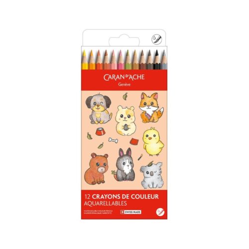 Caran d'Ache Kawaii Cute Animals Swisscolor Aquarelle Colour Pencils 12 Pack – Water Soluble Colouring Pencils in Cute Cardboard Box