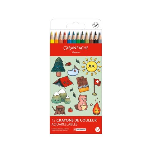 Caran d'Ache Kawaii Swiss Mountains Swisscolor Aquarelle Colour Pencils 12 Pack – Water Soluble Colouring Pencils in Cute Cardboard Box