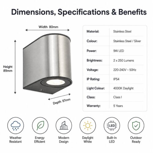 LUTEC Gemini Stainless Steel LED Outdoor Wall Light 9W – 2 x 250 Lumens, 4000K Daylight, IP54 Weather Resistant 9 LUTEC Gemini Stainless Steel LED Outdoor Wall Light 9W – 2 x 250 Lumens, 4000K Daylight, IP54 Weather Resistant - Image 3