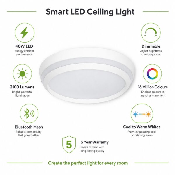 LUTEC Cepa Connect Smart LED Ceiling Light 45cm White – 40W 2100 Lumens, RGB & Tunable White, Bluetooth Mesh Dimmable 1 LUTEC Cepa Connect Smart LED Ceiling Light 45cm White – 40W 2100 Lumens, RGB & Tunable White, Bluetooth Mesh Dimmable