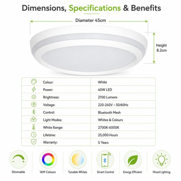 LUTEC Cepa Connect Smart LED Ceiling Light 45cm White – 40W 2100 Lumens, RGB & Tunable White, Bluetooth Mesh Dimmable 2 LUTEC Cepa Connect Smart LED Ceiling Light 45cm White – 40W 2100 Lumens, RGB & Tunable White, Bluetooth Mesh Dimmable
