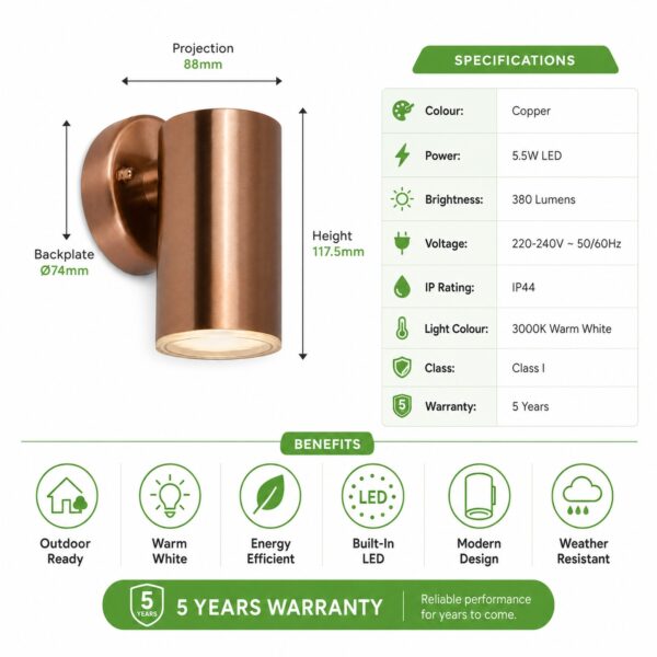 LUTEC Architectural Copper LED Outdoor Wall Light 5.5W – 380 Lumens, 3000K Warm White, IP44 Weather Resistant 2 LUTEC Architectural Copper LED Outdoor Wall Light 5.5W – 380 Lumens, 3000K Warm White, IP44 Weather Resistant