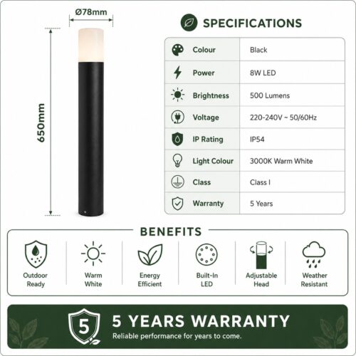 LUTEC Cyra LED Outdoor Bollard Light 65cm Black – 8W 500 Lumens, 3000K Warm White, IP54 Adjustable Garden Light 10 LUTEC Cyra LED Outdoor Bollard Light 65cm Black – 8W 500 Lumens, 3000K Warm White, IP54 Adjustable Garden Light