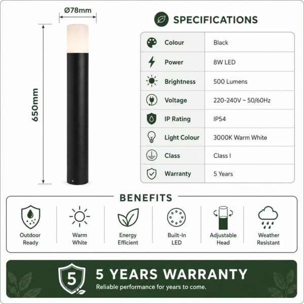 LUTEC Cyra LED Outdoor Bollard Light 65cm Black – 8W 500 Lumens, 3000K Warm White, IP54 Adjustable Garden Light 2 LUTEC Cyra LED Outdoor Bollard Light 65cm Black – 8W 500 Lumens, 3000K Warm White, IP54 Adjustable Garden Light