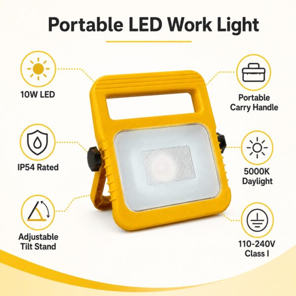 LUTEC Utin Portable LED Work Light 10W Yellow – 5000K Daylight, IP54 Weather Resistant, Adjustable Carry Stand 1 LUTEC Utin Portable LED Work Light 10W Yellow – 5000K Daylight, IP54 Weather Resistant, Adjustable Carry Stand