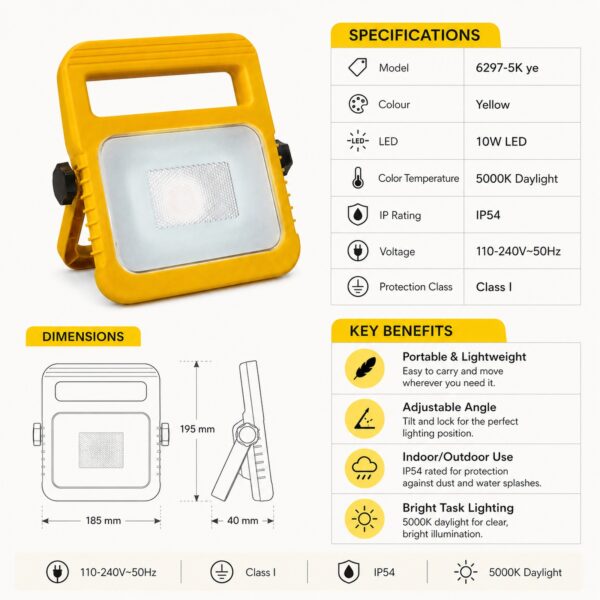 LUTEC Utin Portable LED Work Light 10W Yellow – 5000K Daylight, IP54 Weather Resistant, Adjustable Carry Stand 2 LUTEC Utin Portable LED Work Light 10W Yellow – 5000K Daylight, IP54 Weather Resistant, Adjustable Carry Stand