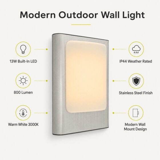 LUTEC Face LED Outdoor Wall Light 13W – 800 Lumens, 3000K Warm White, IP44 Stainless Steel Exterior Light