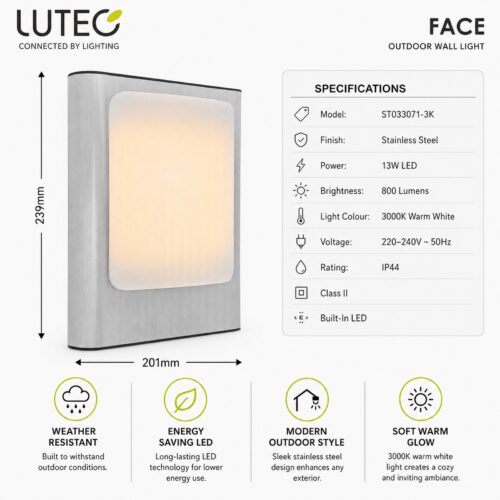 LUTEC Face LED Outdoor Wall Light 13W – 800 Lumens, 3000K Warm White, IP44 Stainless Steel Exterior Light 11 LUTEC Face LED Outdoor Wall Light 13W – 800 Lumens, 3000K Warm White, IP44 Stainless Steel Exterior Light