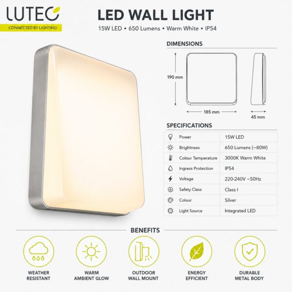 LUTEC Even LED Outdoor Wall Light 15W Silver – 650 Lumens, 3000K Warm White, IP54 Weatherproof Exterior Light 2 LUTEC Even LED Outdoor Wall Light 15W Silver – 650 Lumens, 3000K Warm White, IP54 Weatherproof Exterior Light