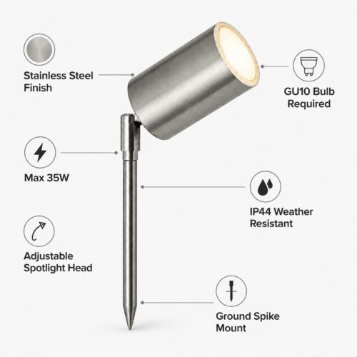 LUTEC Rado Stainless Steel Outdoor Garden Spike Spotlight – GU10 Max 35W, IP44 Weather Resistant, Adjustable Head 9 LUTEC Rado Stainless Steel Outdoor Garden Spike Spotlight – GU10 Max 35W, IP44 Weather Resistant, Adjustable Head