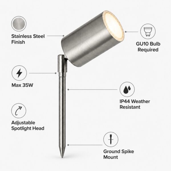 LUTEC Rado Stainless Steel Outdoor Garden Spike Spotlight – GU10 Max 35W, IP44 Weather Resistant, Adjustable Head 1 LUTEC Rado Stainless Steel Outdoor Garden Spike Spotlight – GU10 Max 35W, IP44 Weather Resistant, Adjustable Head