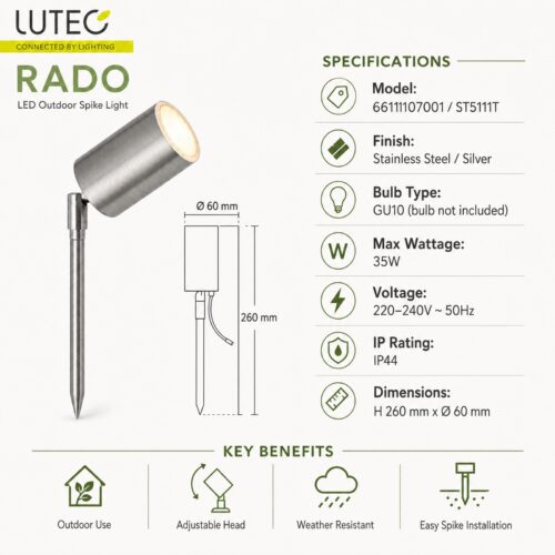 LUTEC Rado Stainless Steel Outdoor Garden Spike Spotlight – GU10 Max 35W, IP44 Weather Resistant, Adjustable Head 10 LUTEC Rado Stainless Steel Outdoor Garden Spike Spotlight – GU10 Max 35W, IP44 Weather Resistant, Adjustable Head