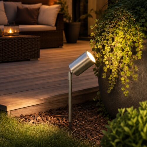 LUTEC Rado Stainless Steel Outdoor Garden Spike Spotlight – GU10 Max 35W, IP44 Weather Resistant, Adjustable Head