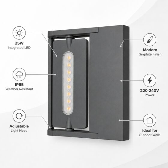 LUTEC LED Outdoor Wall Light 25W – IP65 Weatherproof Grey Adjustable Exterior Wall Lamp, 220–240V