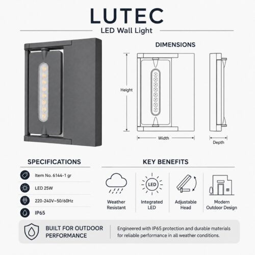 LUTEC LED Outdoor Wall Light 25W – IP65 Weatherproof Grey Adjustable Exterior Wall Lamp, 220–240V 11 LUTEC LED Outdoor Wall Light 25W – IP65 Weatherproof Grey Adjustable Exterior Wall Lamp, 220–240V