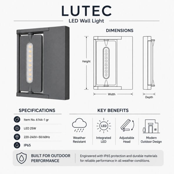 LUTEC LED Outdoor Wall Light 25W – IP65 Weatherproof Grey Adjustable Exterior Wall Lamp, 220–240V 2 LUTEC LED Outdoor Wall Light 25W – IP65 Weatherproof Grey Adjustable Exterior Wall Lamp, 220–240V
