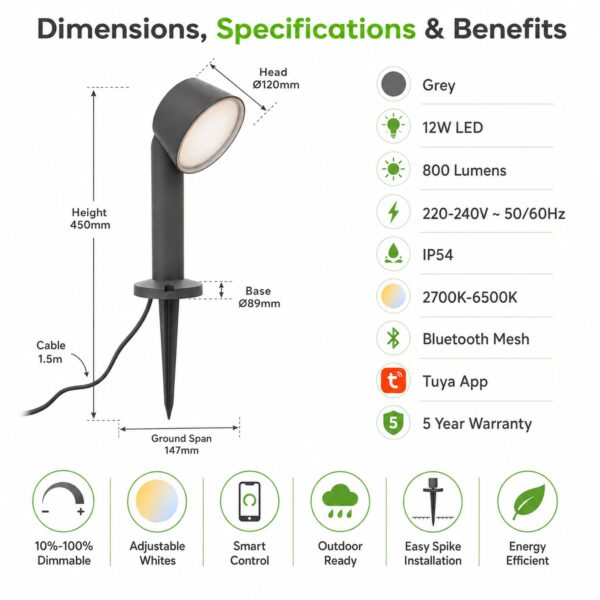 LUTEC Dakota Smart LED Garden Spike Light 12W Grey – 800 Lumens, 2700K–6500K Adjustable White, Bluetooth IP54 2 LUTEC Dakota Smart LED Garden Spike Light 12W Grey – 800 Lumens, 2700K–6500K Adjustable White, Bluetooth IP54