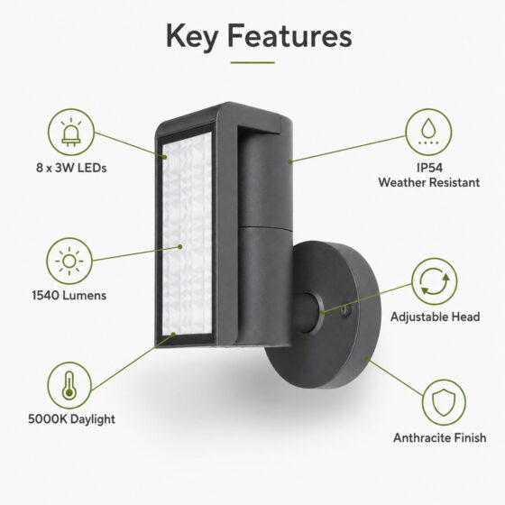 LUTEC Club Adjustable LED Outdoor Wall Light 24W – 1540 Lumens, 5000K Daylight, IP54 Anthracite Exterior Light