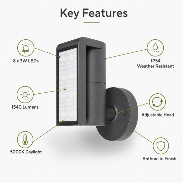 LUTEC Club Adjustable LED Outdoor Wall Light 24W – 1540 Lumens, 5000K Daylight, IP54 Anthracite Exterior Light 1 LUTEC Club Adjustable LED Outdoor Wall Light 24W – 1540 Lumens, 5000K Daylight, IP54 Anthracite Exterior Light