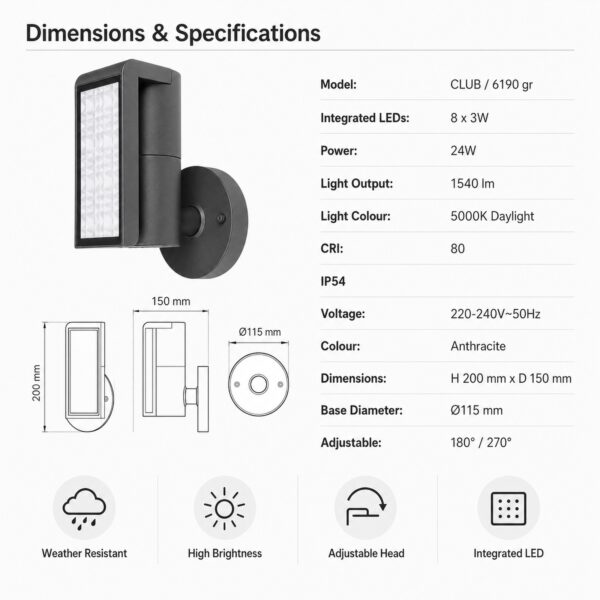 LUTEC Club Adjustable LED Outdoor Wall Light 24W – 1540 Lumens, 5000K Daylight, IP54 Anthracite Exterior Light 2 LUTEC Club Adjustable LED Outdoor Wall Light 24W – 1540 Lumens, 5000K Daylight, IP54 Anthracite Exterior Light