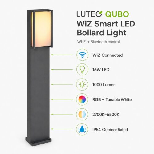 LUTEC Qubo WiZ Smart LED Outdoor Bollard Light 75cm Grey – 16W 1000 Lumens, RGB & Tunable White, WiFi & Bluetooth 8 LUTEC Qubo WiZ Smart LED Outdoor Bollard Light 75cm Grey – 16W 1000 Lumens, RGB & Tunable White, WiFi & Bluetooth