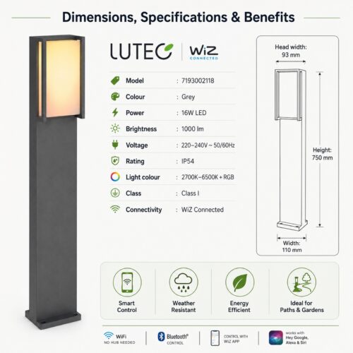 LUTEC Qubo WiZ Smart LED Outdoor Bollard Light 75cm Grey – 16W 1000 Lumens, RGB & Tunable White, WiFi & Bluetooth 9 LUTEC Qubo WiZ Smart LED Outdoor Bollard Light 75cm Grey – 16W 1000 Lumens, RGB & Tunable White, WiFi & Bluetooth