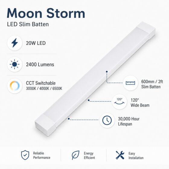 LUTEC Moon Storm LED Batten Light 600mm 20W – 2400 Lumens, 3CCT 3000K/4000K/6500K, 120 Degree Beam Angle