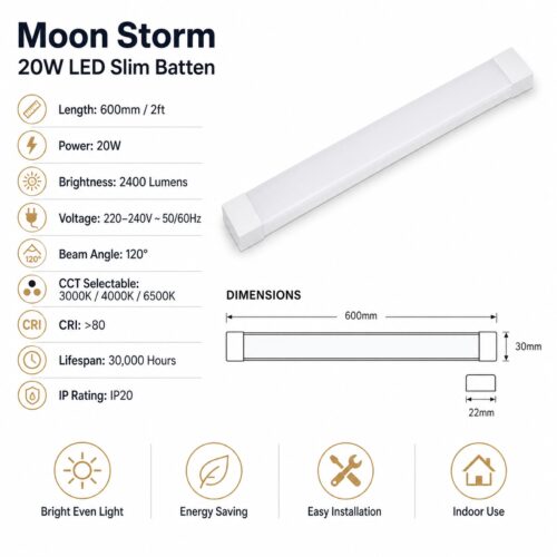 LUTEC Moon Storm LED Batten Light 600mm 20W – 2400 Lumens, 3CCT 3000K/4000K/6500K, 120 Degree Beam Angle 10 LUTEC Moon Storm LED Batten Light 600mm 20W – 2400 Lumens, 3CCT 3000K/4000K/6500K, 120 Degree Beam Angle