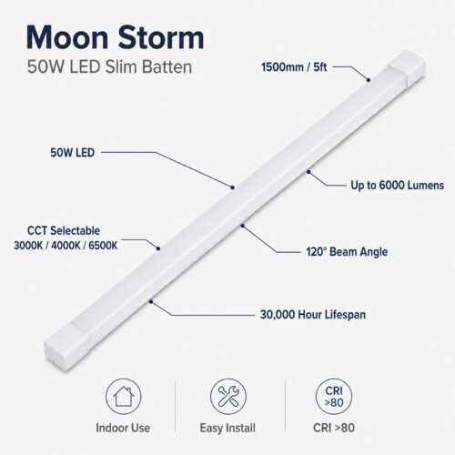 Moon Storm 50W LED Slim Batten Light 1500mm 5FT – 6000 Lumens, 3000K/4000K/6500K CCT Switchable, 120 Degree Beam 10 Moon Storm 50W LED Slim Batten Light 1500mm 5FT – 6000 Lumens, 3000K/4000K/6500K CCT Switchable, 120 Degree Beam