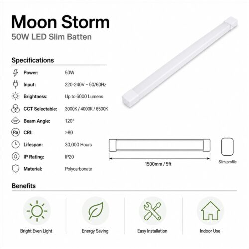 Moon Storm 50W LED Slim Batten Light 1500mm 5FT – 6000 Lumens, 3000K/4000K/6500K CCT Switchable, 120 Degree Beam 11 Moon Storm 50W LED Slim Batten Light 1500mm 5FT – 6000 Lumens, 3000K/4000K/6500K CCT Switchable, 120 Degree Beam
