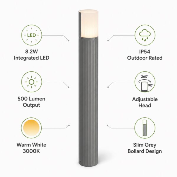 LUTEC Cyra LED Outdoor Bollard Light 65cm Grey – 8.2W 500 Lumens, 3000K Warm White, IP54, 350 Degree Rotatable 1 LUTEC Cyra LED Outdoor Bollard Light 65cm Grey – 8.2W 500 Lumens, 3000K Warm White, IP54, 350 Degree Rotatable