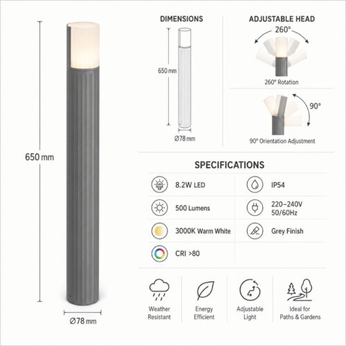 LUTEC Cyra LED Outdoor Bollard Light 65cm Grey – 8.2W 500 Lumens, 3000K Warm White, IP54, 350 Degree Rotatable 10 LUTEC Cyra LED Outdoor Bollard Light 65cm Grey – 8.2W 500 Lumens, 3000K Warm White, IP54, 350 Degree Rotatable