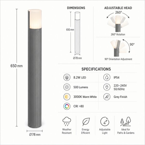 LUTEC Cyra LED Outdoor Bollard Light 65cm Grey – 8.2W 500 Lumens, 3000K Warm White, IP54, 350 Degree Rotatable 2 LUTEC Cyra LED Outdoor Bollard Light 65cm Grey – 8.2W 500 Lumens, 3000K Warm White, IP54, 350 Degree Rotatable