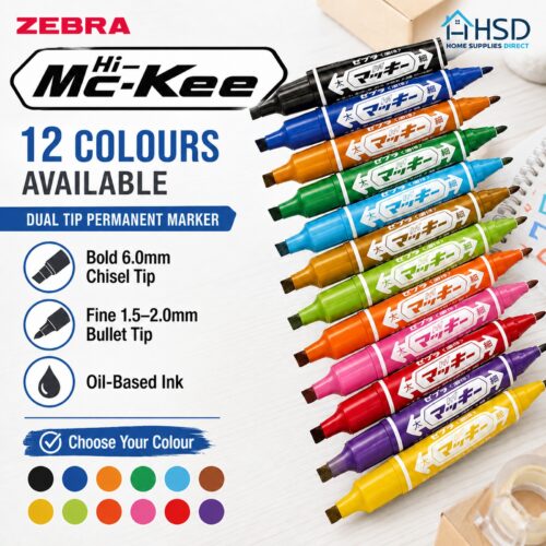 Zebra Hi-McKee Permanent Marker (Light Blue) – Double Ended, 6mm Chisel & 2mm Bullet Tips for Multi-Surface Marking 9 Zebra Hi-McKee Permanent Markers (8 Assorted Colours) – Double Ended, 6mm Chisel & 2mm Bullet Tips for Multi-Surface Marking