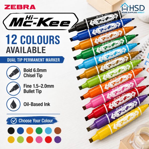 Zebra Hi-McKee Permanent Marker (Light Blue) – Double Ended, 6mm Chisel & 2mm Bullet Tips for Multi-Surface Marking 3 Zebra Hi-McKee Permanent Markers (8 Assorted Colours) – Double Ended, 6mm Chisel & 2mm Bullet Tips for Multi-Surface Marking