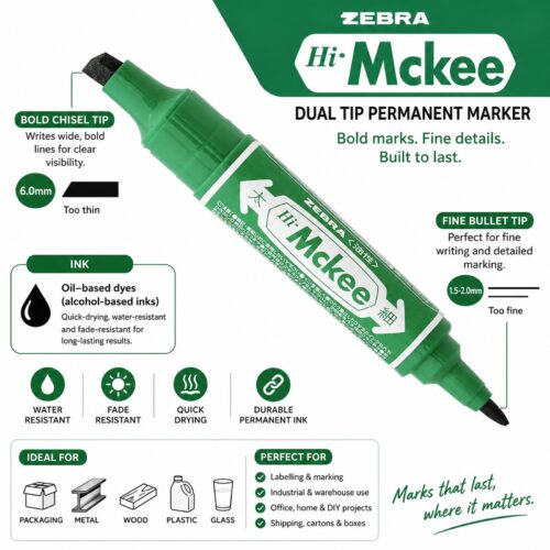 Zebra Hi-McKee Permanent Marker (Light Blue) – Double Ended, 6mm Chisel & 2mm Bullet Tips for Multi-Surface Marking 10 Zebra Hi-McKee Permanent Markers (8 Assorted Colours) – Double Ended, 6mm Chisel & 2mm Bullet Tips for Multi-Surface Marking
