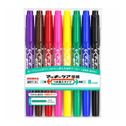 Zebra McKee Care Refillable Permanent Markers (8 Colour Set) – Dual Tip 0.5mm & 1.0mm to 1.3mm, Fine & Extra-Fine Precision Marking
