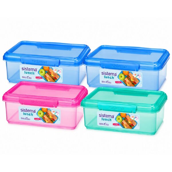 Sistema Lunch Food Storage Containers 2L (4 Pack) – 2 Blue, 1 Pink & 1 Turquoise, Stackable Lunch Boxes, Freezer & Dishwasher Safe
