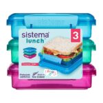 Sistema Lunch Sandwich Box 450ml (3 Pack) – 1 Turquoise, 1 Blue & 1 Pink, BPA-Free, Stackable Food Storage Containers