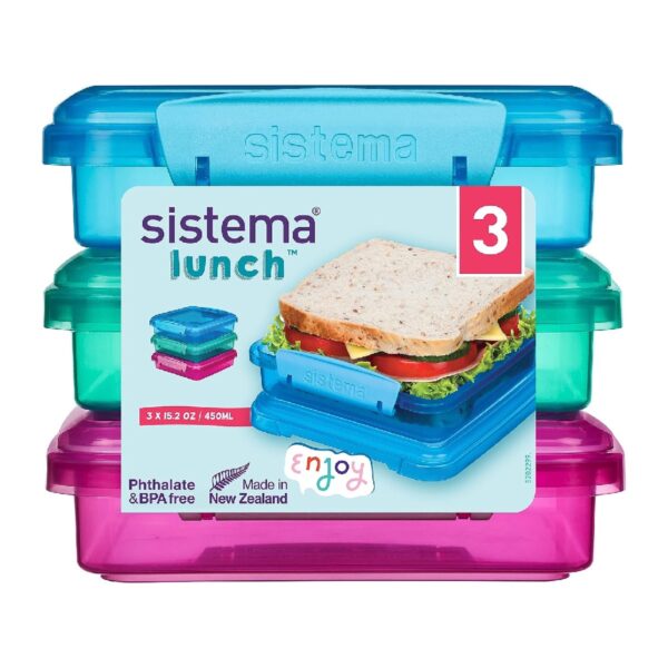 Pack SIS-31646_3 Sistema Lunch Sandwich Box 450ml (3 Pack) – 1 Turquoise, 1 Blue & 1 Pink, BPA-Free, Stackable Food Storage Containers