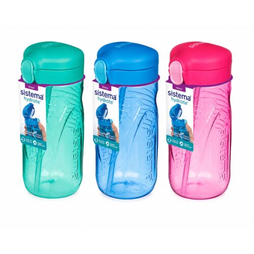Sistema Hydrate Quick Flip Water Bottle 520ml (3 Pack) – Turquoise, Pink & Blue, BPA-Free Kids Sports Bottles with Straws