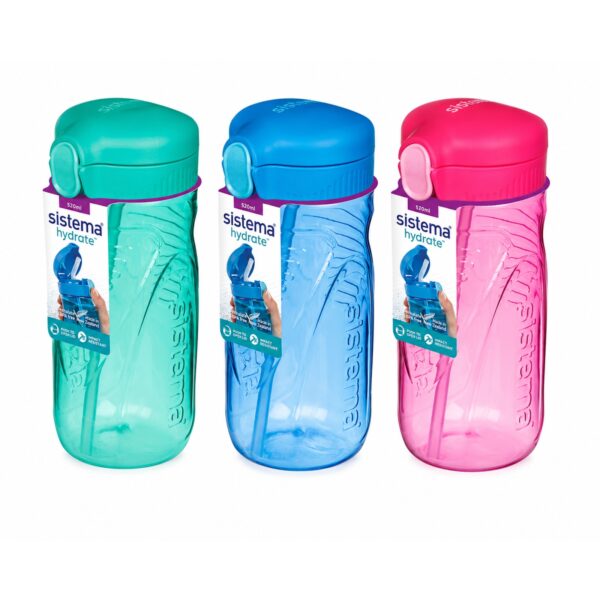 Pack SIS-620_3 Sistema Hydrate Quick Flip Water Bottle 520ml (3 Pack) – Turquoise, Pink & Blue, BPA-Free Kids Sports Bottles with Straws