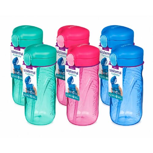 Sistema Hydrate Quick Flip Water Bottle 520ml (6 Pack) – 2 Turquoise, 2 Pink & 2 Blue, BPA-Free Kids Sports Bottles with Straws