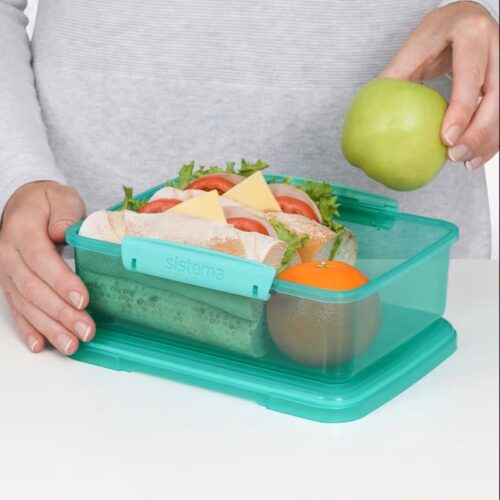Sistema Lunch Food Storage Container 2L (Turquoise) – Stackable Lunch Box, Easy-Locking Clips, Freezer & Dishwasher Safe