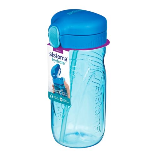 Sistema Hydrate Quick Flip Water Bottle 520ml (Blue) – BPA-Free Kids Sports Bottle with Straw, Push Button Lid, Impact Resistant