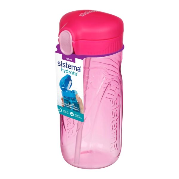 Sistema Hydrate Quick Flip Water Bottle 520ml (Pink) – BPA-Free Kids Sports Bottle with Straw, Push Button Lid, Impact Resistant