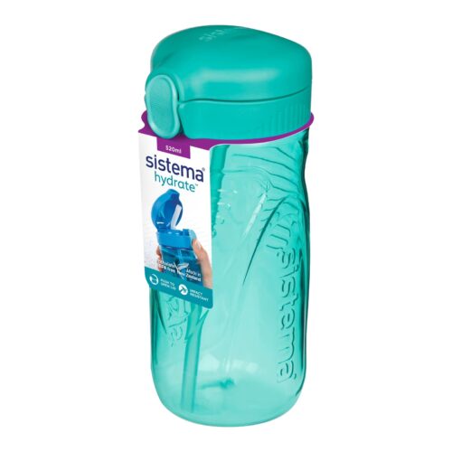 Sistema Hydrate Quick Flip Water Bottle 520ml (Turquoise) – BPA-Free Kids Sports Bottle with Straw, Push Button Lid, Impact Resistant